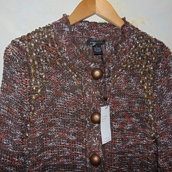 BCBG MaxAzria Cardigan Sweater Brown L Beaded Brass Button Chunky Knit Crochet - Picture 4 of 9